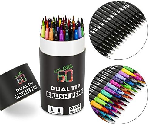 Mocent 60色水彩ペン マーカーペン サインペン 筆ペンカラー ペンの両方対応 絵画学習事務用 細字と太字 格安店 塗り絵 パッケージ 大量６０色セット入り