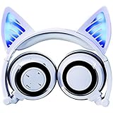 Wireless Bluetooth Cat Ear Headphones Adult, Topways Headset Flashing Glowing Cosplay Fancy Cat Headphones Foldable Over-Ear Earphone with LED Flash Light for Android Mobile Phone,Macbook (White)