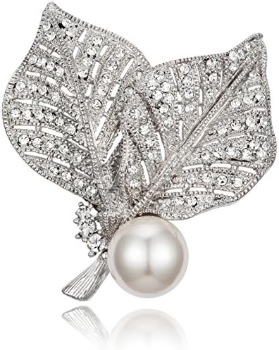 Vintage-Inspired Two Leaves Design with White Simulated Pearl &amp; Clear Rhinestone Wedding Brooch Pin