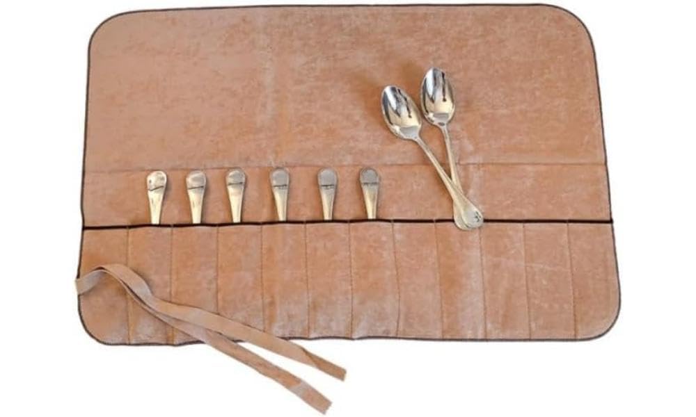Hagerty Silver Guard Cutlery Roll I Cutlery pouch for silver & silver-plated metal 59 x 40cm I Practical storage with tarnish protection I holder for fruit spoons with 12 compartments, Tan, A119004