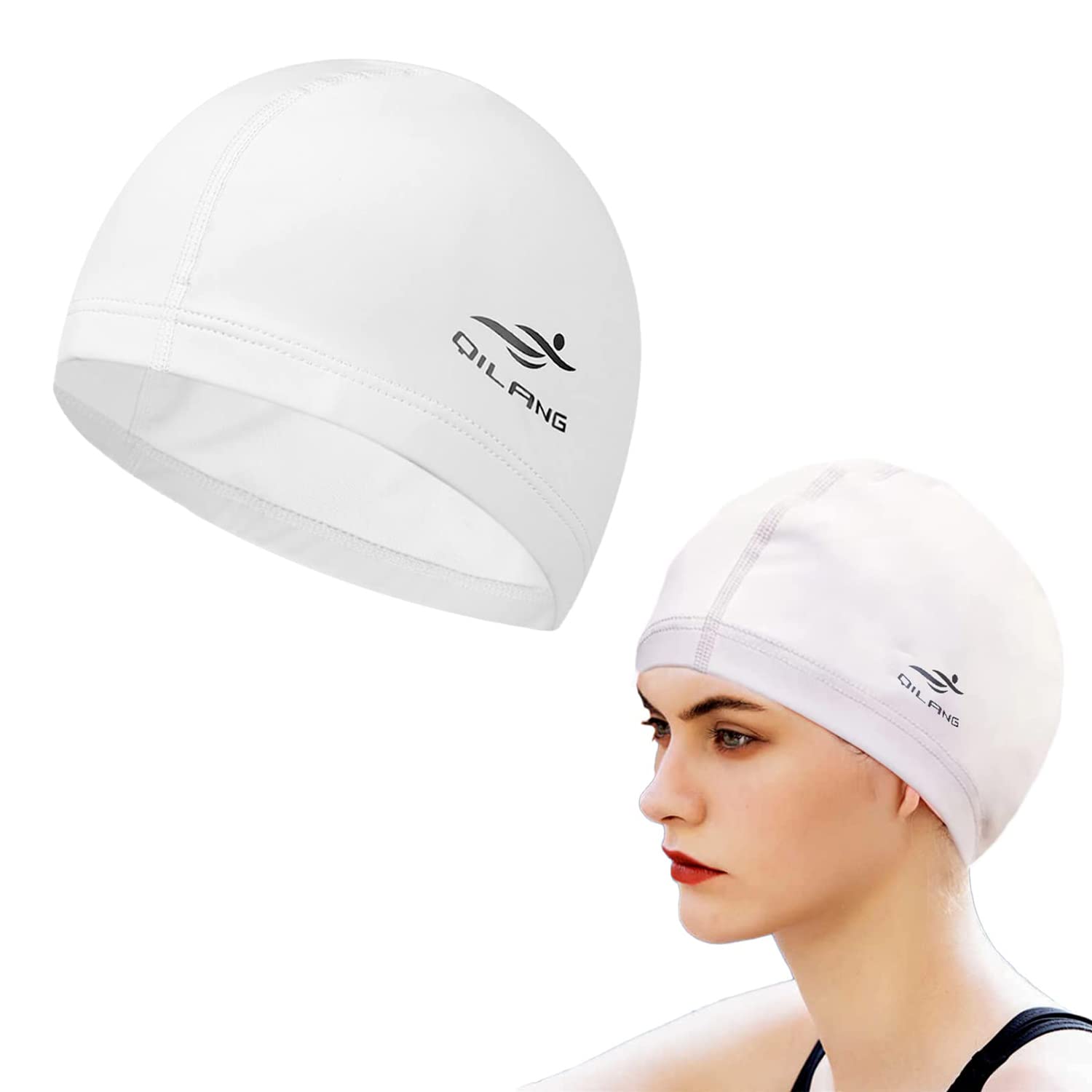 PMELCXD Swim Cap, Swimming Cap Man Women, Pure Color Nylon Spandex Fabric Comfortable and Not Tight, Bathing Swim Cap for Long and Short Hair（White）