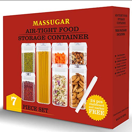 Airtight Food Storage Containers,MASSUGAR 7 Piece Set Food Storage Container + Measuring Cup + 24 Chalkboard Labels & Chalk Marker - Food Grade Durable BPA Free Cereal Containers