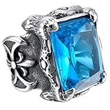 INBLUE Men's Stainless Steel Glass Ring Silver Tone Black Blue Dragon Claw Knight Fleur De Lis