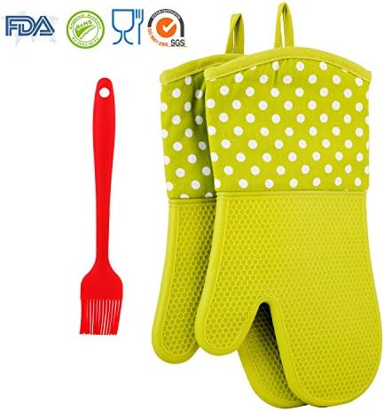 ENFINER 13Inch Silicone Oven Mitts 1 Pair with Silicone Oil Brush, Cotton Lining Heat Resistant Non-Slip Silicone Kitchen Gloves for Grilling, Baking, Cooking, BBQ (Green)