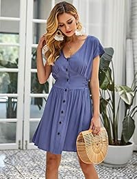 imesrun Vestidos de verano para mujer Imperio Cintura con botones Vestido corto casual con cinturón y cinturón