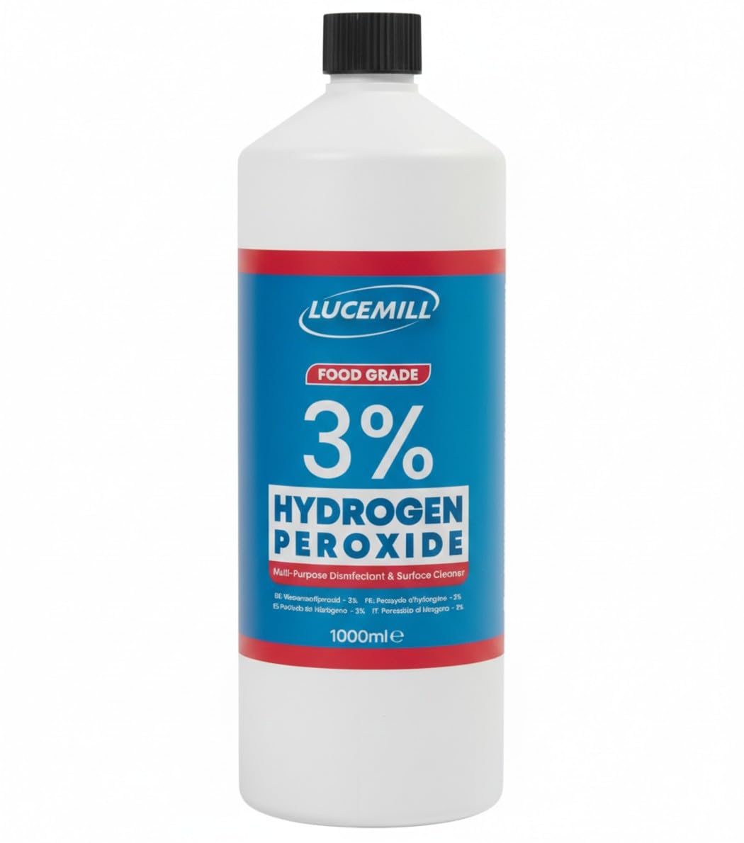Lucemill 1 Litre Hydrogen Peroxide 3% Food Grade (10 Vols) – Unstabilised & Additive Free – Multi-Purpose H2O2 Household Cleaner & Mould Remover for Kitchen, Bathroom, Laundry & Surfaces