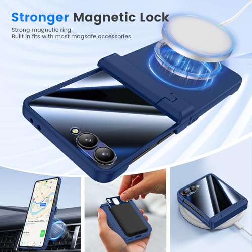 HWeggo Galaxy Z Flip 7 Case, with [Anti-Spy Screen Protector] [MagSafe Compatible] [Strong Stand] [Wireless Charging] Case for Samsung Galaxy Z Flip 7 5G, Blue