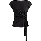 BTFBM Womens Tops Summer 2026 Cap Sleeve Crew Neck Tie Waist Blouses Dressy Casual Business Work Clothes Spring Fashion
