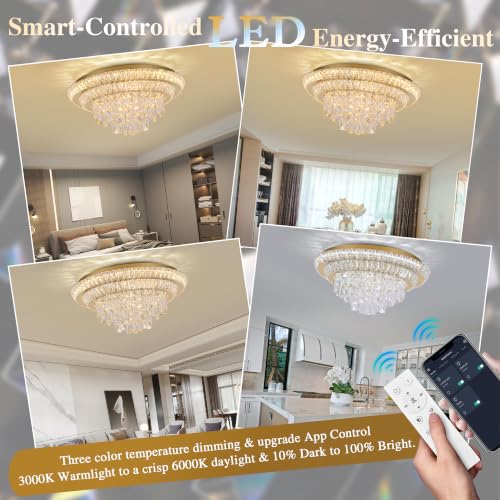 24 inch Crystal Chandeliers With Remote and APP Control, Modern Luxury Flush Mount Gold Ceiling Light, 3CCT Dimmable Brightness Adjustable,SUS 304, For Living/Dining Room Kitchen Bedroom Hallway Foyer