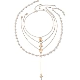 Layered Pearl Cross Pendant Necklace for Women,Gold Pearl Bead Long Cross Pendant Necklaces Trendy Fashion Y2k Jewelry Gift for Women