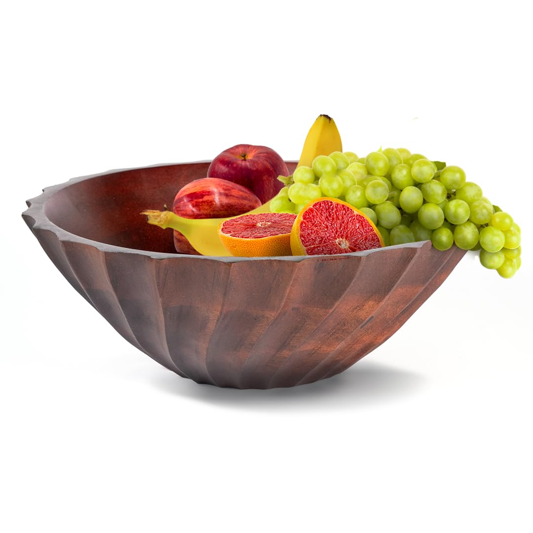 Photo 1 of Folkulture Wooden Fruit Bowl for Kitchen Island | (11") Fruit Basket for Centerpiece Table Decoration | Decorative-Bowl or Fruits Holder for Kitchen Counter Decor | Ribbed Bowls for Living Room Decor