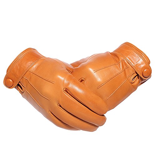 Gours Men's Winter Genuine Leather Gloves Warm Goatskin Light Brown Gloves (Large, Light Brown)