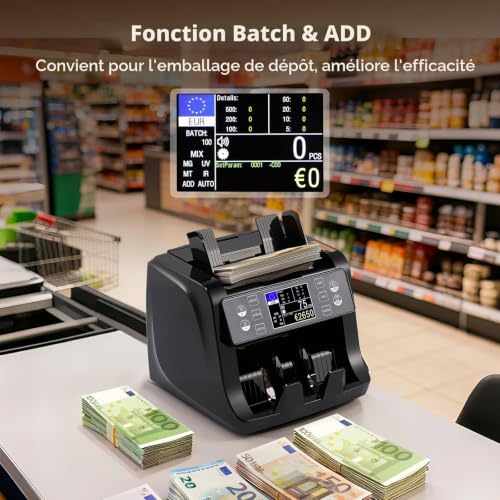 Bonvoisin Banknote Counting Machine, Totalises Mixed Banknotes EUR | 1500 Banknotes/Min, UV/IR/MG/MT Detection, Sorting, Batch And Add, HD TFT Screen, For Banks And Businesses.