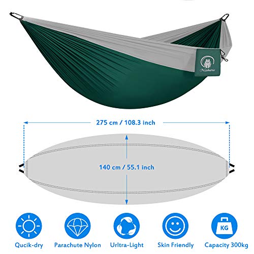 Camping Hammock, Double & Single Portable Hammocks with Tree Straps, Lightweight Nylon Parachute Hammocks for Hiking Travel Backpacking Beach Yard Gear | 2 x Premium carabiners, 2 x Nylon Loops