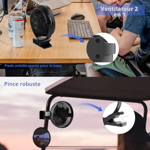 ATEngeus 8 Inch Mini USB Clamp Fan with 10000mAh Battery, Portable Small Desk Fan, 4 Speed, Dual 360 Rotation, with USB Cable, Suitable for Family, Office