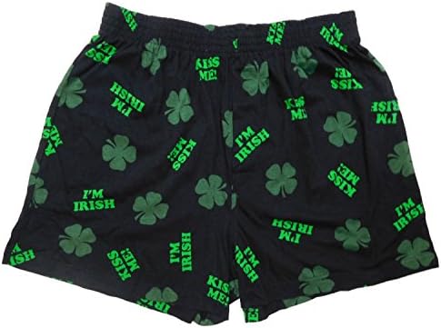 Mens Black Kiss Me! I'm Irish Four Leaf Clover St. Patrick's Day Boxer Shorts L