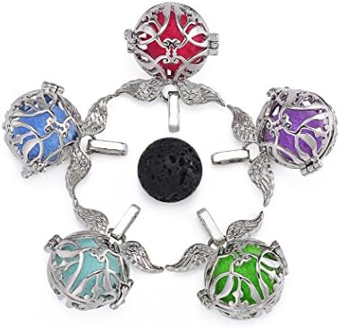 5Pcs Rhodium Plated Hollow Aromatherapy Essential Oil Diffuser Locket Cage Pendant with Lava Bead and 5 Refill Pads