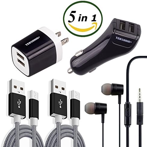 TekSonic [5 in 1] Charger Bundle with Dual 2.1 Amp Wall Charger, Dual Car Charger, 2 Braided 3.3ft Micro USB Cable Charge sync Cords and Earphones - Accessory Kit for Android, Samsung, LG, HTC