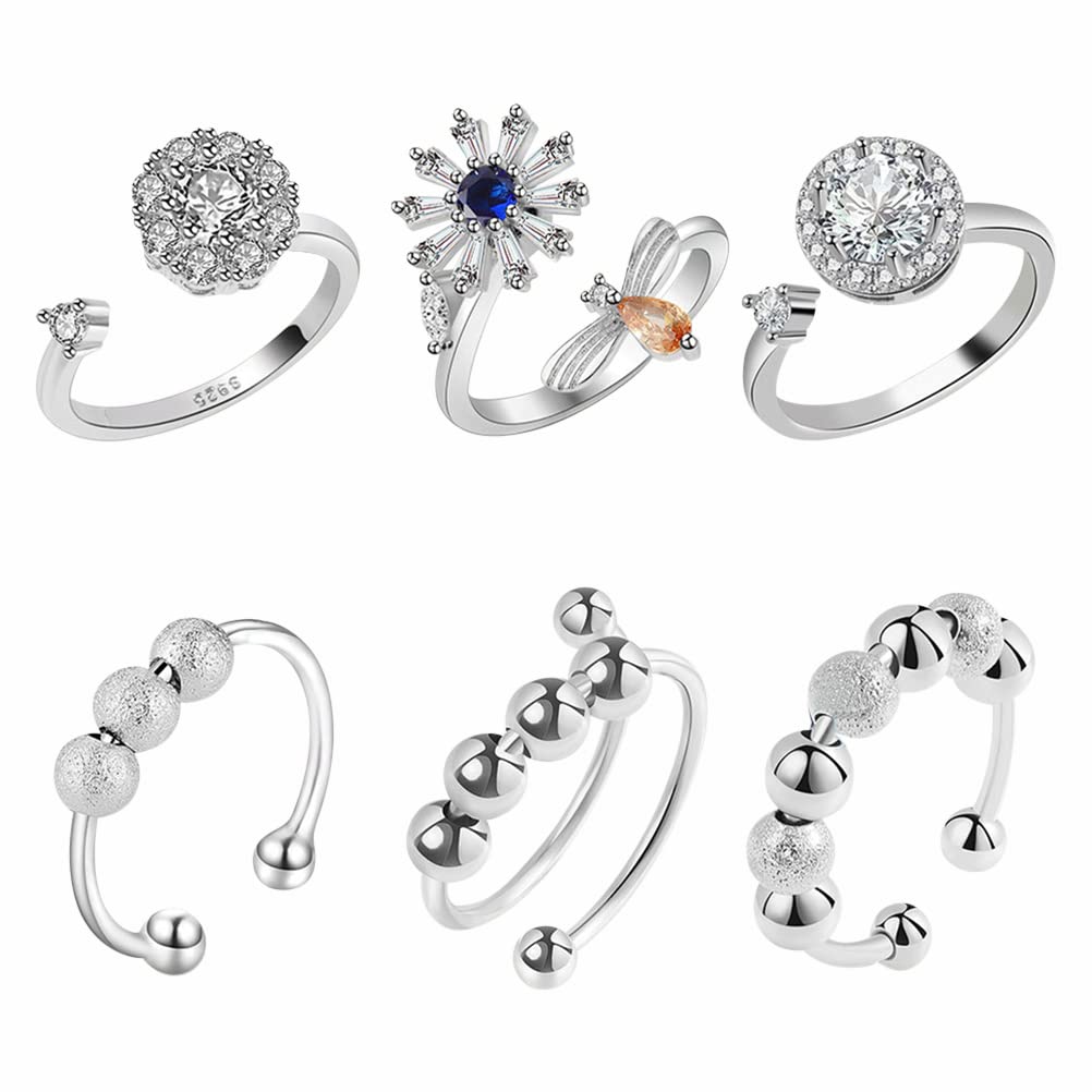 PAIQIU Anti Anxiety Rings, Spinner Ring Fidget Band Rings with Pearls Stainless Steel Anxiety Spinning Ring Adjustable Open Spinner Ring Stress Relief Meditation Rings, 6Pcs