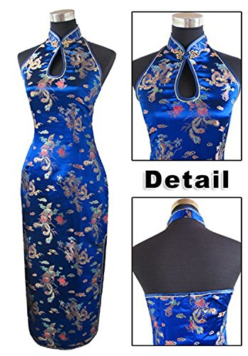 Smakke Women's Traditional Chinese Satin Halter Cheongsam Long Qipao Backless Dress Costume Clothing Navy Blue S