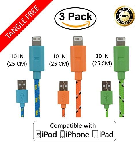 SureCord [3-Pack] Extra Short Lightning to USB Cables for Apple iPhone, iPad, iPod - 10in / 25cm tangle free braided construction (3-pack includes one of each color)