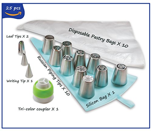 Russian Piping Tips Set - Cake Decorating Supplies Kit - 13 Icing Nozzles (Unique Flowers), 11 Pastry Bags for Frosting, and Tri-Color Coupler + Gift Box