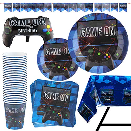 103-Piece Video Game Party Decorations Set Including X-Large Joystick Controller Balloon, Plates, Cups, Napkins, Banner, Tablecloth - Serves 25, For Gamer Birthday Themed Parties and Celebrations