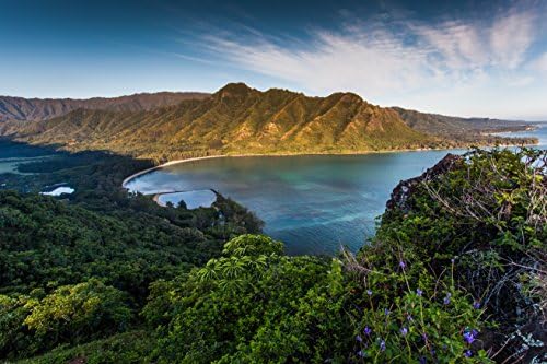 Aerial view of Kahana Bay as seen from the Crouching Lion hiking trail in Kaaawa, Oahu, Hawaii print picture photo photograph fine art