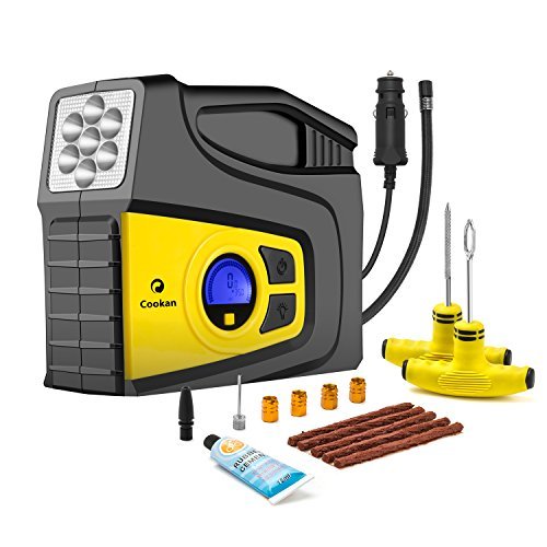 Portable Tire inflator with Tire Repair Kit, 12V DC 100PSI Digital Air Compressor Pump for Car, Mid-Size RV, SUV, Bicycles by Cookan