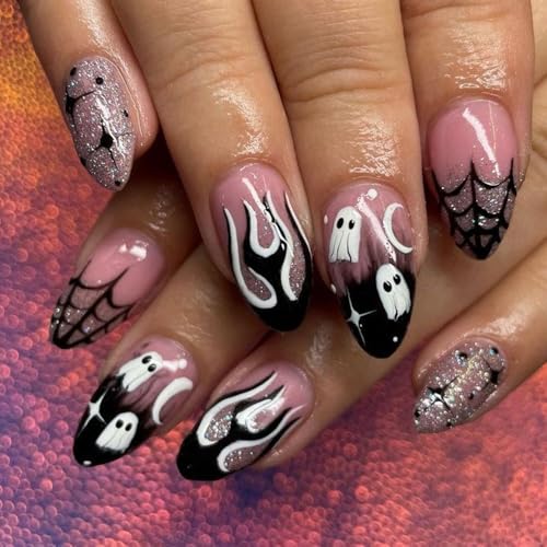 COCDLAN 24Pcs Halloween Press on Nails Middle Almond Fake Nails with Cute Halloween Ghost and Flame Designs, Black French Tips Press on Nails Glossy Acrylic Nails Full Cover False Nail for Women