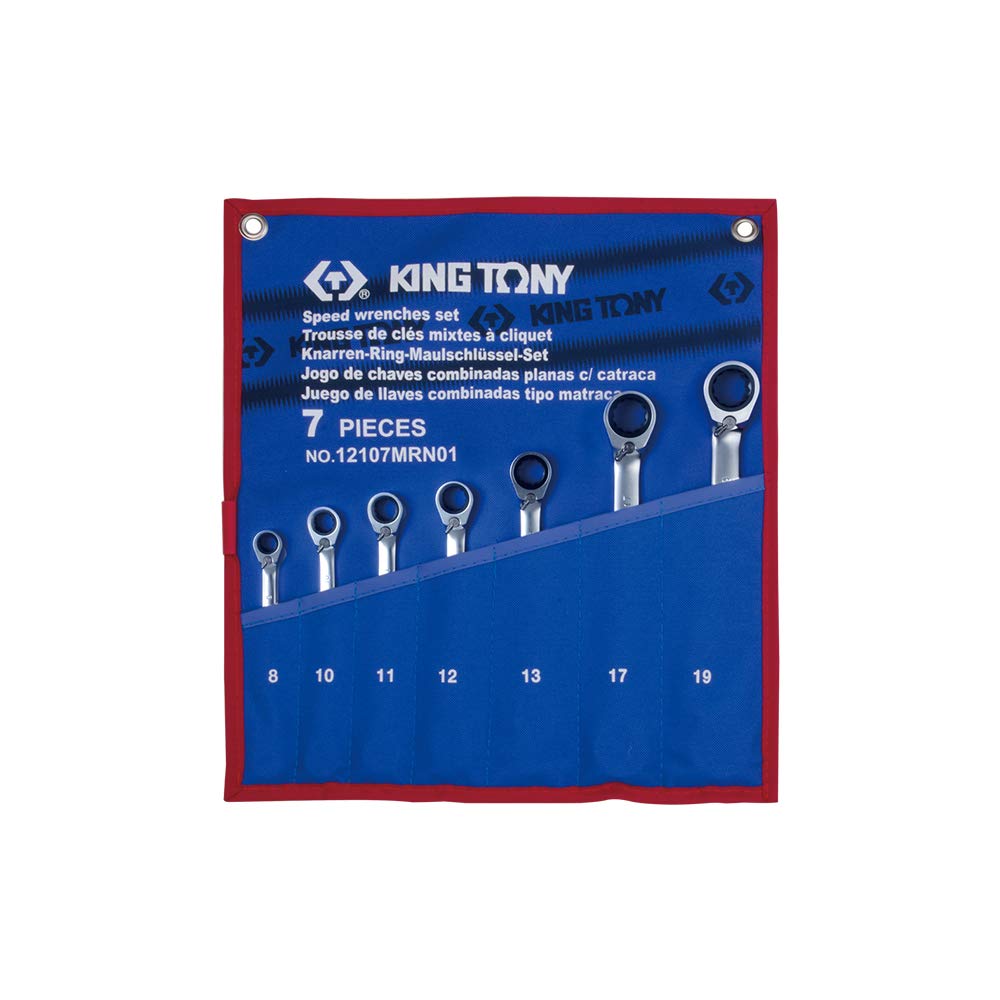 KING TONY 12107MRN01 Speed Wrench Set with Tetoron Pouch Bag, 8 mm - 19 mm, 7 Piece