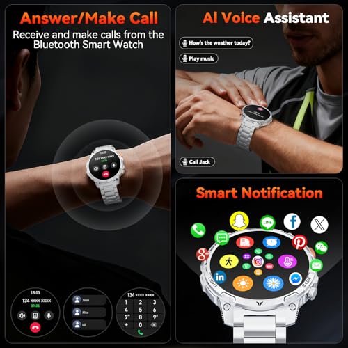 Haulvean Men's Military Watch Battery 1000 mAh Smartwatch Two Bracelets 1.75 Inches HD Screen LED Flashlight 100+ Sports Modes Health Monitoring Bluetooth Calls for iOS Android (Silver)
