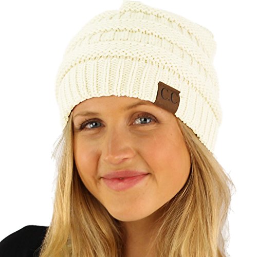 Unisex Winter Chunky Soft Stretch Cable Knit Slouch Beanie Skully Hat Cap Ivory