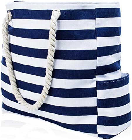 Beach Bag with 100% Waterproof Phone/Tablet Case, Cotton Rope Handles, Top Zipper, Extra Outside Pocket. Blue Stripe Canvas Shoulder Beach Tote has Built-In Keyholder Bottle Opener