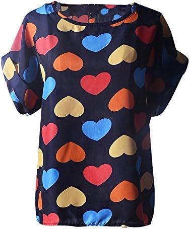 YOUNG LIGHT@ Womens Cute Geometric Print Loose Chiffon Blouses Top Shirt Cool T-shirt (X-Large,Hearts)