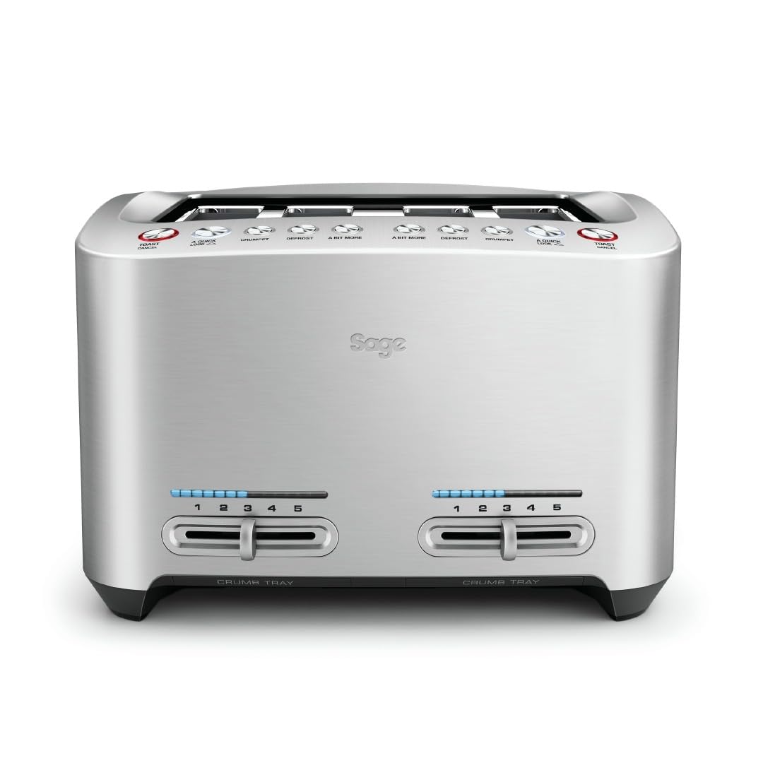 Sage - The Smart Toast - 4-Slice Toaster, 2000 W - Extra Wide Slots, 5 Browning Levels, Automated Lowering, Easy to Clean - Frozen, Crumpet, Lift & Look - Bagel, Toast, Bread - Brushed Aluminium