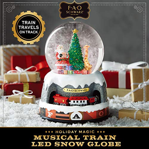 FAO Schwarz Holiday Snow Globe with Moving Train, Charming Christmas Scene with Santa Claus, Tree and Giraffe, Plays 5 Classic Christmas Songs, Battery-Powered Holiday Keepsake DÃ©cor with LED Glow