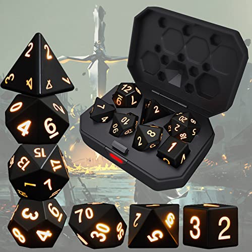 Rechargable DND Dice Set, Light Up Dice with Charging Box, 7 PCS LED Electronic Dices, Dungeons and Dragons Dice Polyhedral Dice Sets for MTG Pathfinder Role Playing Game (Black Shell + Warm Light)