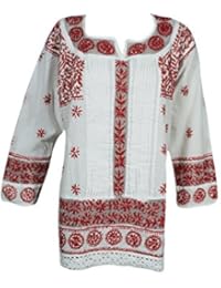 Mogul Womens Boho Tunic Dress Cotton White Red Chikankari Embroidered Top Shirt Blouse