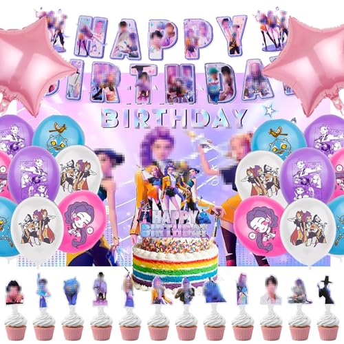 SupaWeiss 29pcs K-popS Birthday Decorations,Happy Birthday Balloons,Latex Balloons,Banner,Cake Topper,Party Decorations Set