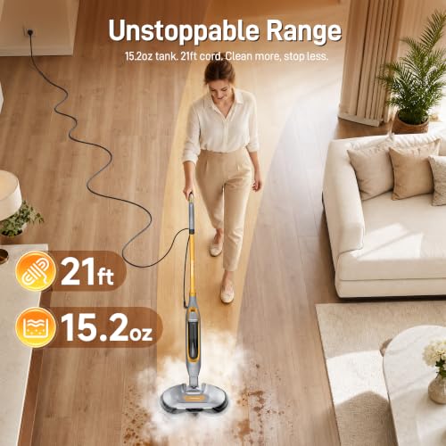 Funsteam Steam and Scrub Mop, Steam Mop with Dual Rotating Pads, Swivel Steering, 2 LED Headlight, 4 Cleaning Modes, 15.2 fl oz Tank, 6 Washable Pads for All-in-One Sealed Hard Floors
