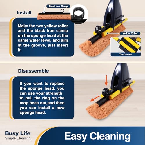Yocada Sponge Mop Home Commercial Use Tile Floor Bathroom Garage Cleaning Total 2 Sponge Heads NOT 3 Telescopic Handle Squeegee from 42.5 to 52 Inches Easily Dry Wringing only 2 Heads