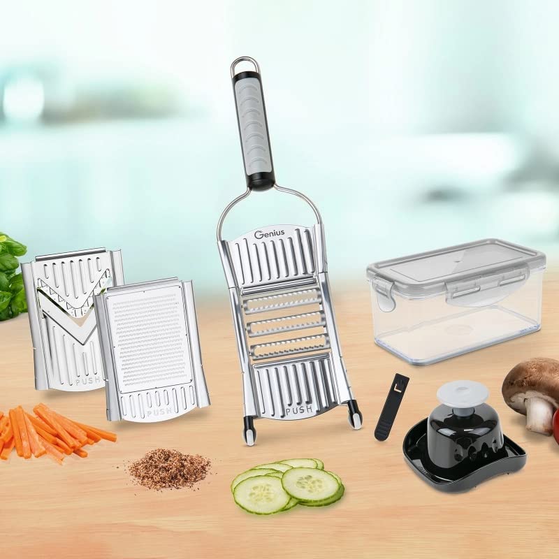 Genius Nicer Dicer Speed Set 9-tlg Multihobel - Gemüseschneider Gemüsehobel mit 3 Einsätzen, Schneidguthalter & Auffangbehälter 550ml | Parmesanreibe, Juliennereibe und V-Hobel, Silber 2