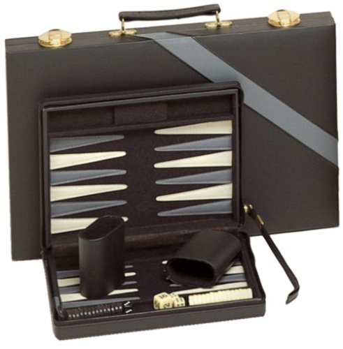Compact Travel Magnetic Backgammon with Carrying Strap - Black with Grey Stripe