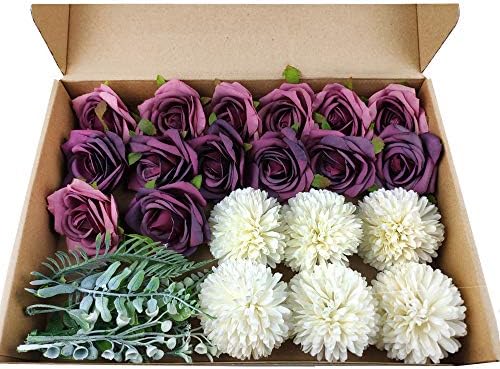 WATMAID DIY Bouquet 14pcs Artificial Roses and 6pcs Epaltes Australis for Wedding Bouquets Combo Realistic Roses Party Home Decorations, Fuchsia