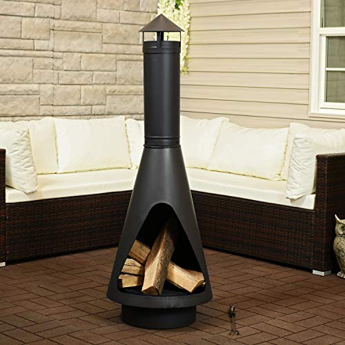 Sunnydaze Outdoor Wood Burning Steel Chiminea Fire Pit - Heavy Duty Black Metal Firepit with Log Poker, Grate and Rain Cap - Backyard Patio Fireplace - 56 Inch