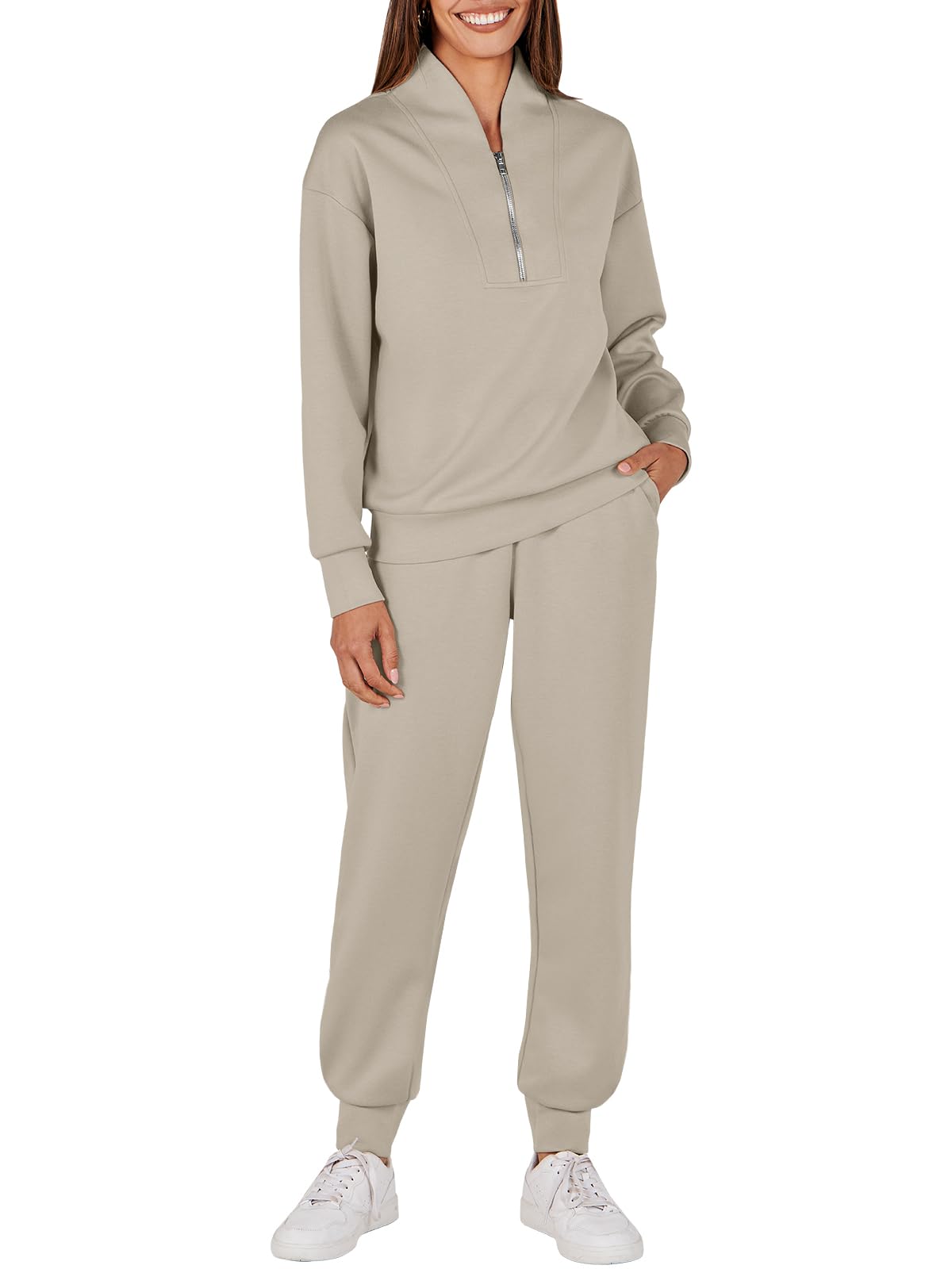 Ensemble Survêtement Femme 2 Pièces – Sweat à Capuche Demi-Zip Oversize Et Pantalon Large – Tenue Décontractée Automne/Hiver