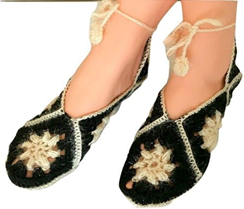 Black Cream Crochet House Slippers 5-5,5-6