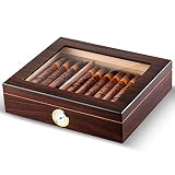 Cigar Humidor Handmade Wood Cigar Box Desktop Humidor with Hygrometer and Humidifier,Cedar Divider Royale Glasstop Holds 20-25 Cigars