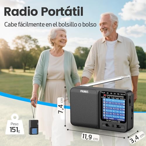 PRUNUS J-711 Am/SW/FM Rechargeable Small Portable Radio, Transistor Radio AA Batteries and USB-C Charging, Excellent Reception, with Headphone Jack, Radio Pocket with Cord for Walking, Travel.(Black)